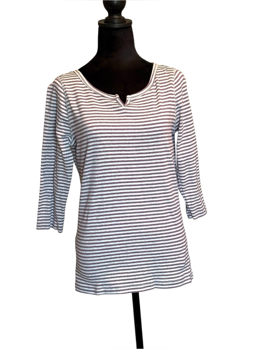 Eddie Bauer Gray Burgundy Blue Stripes 3/4 Sleeve Women's T Shirt Top Medium